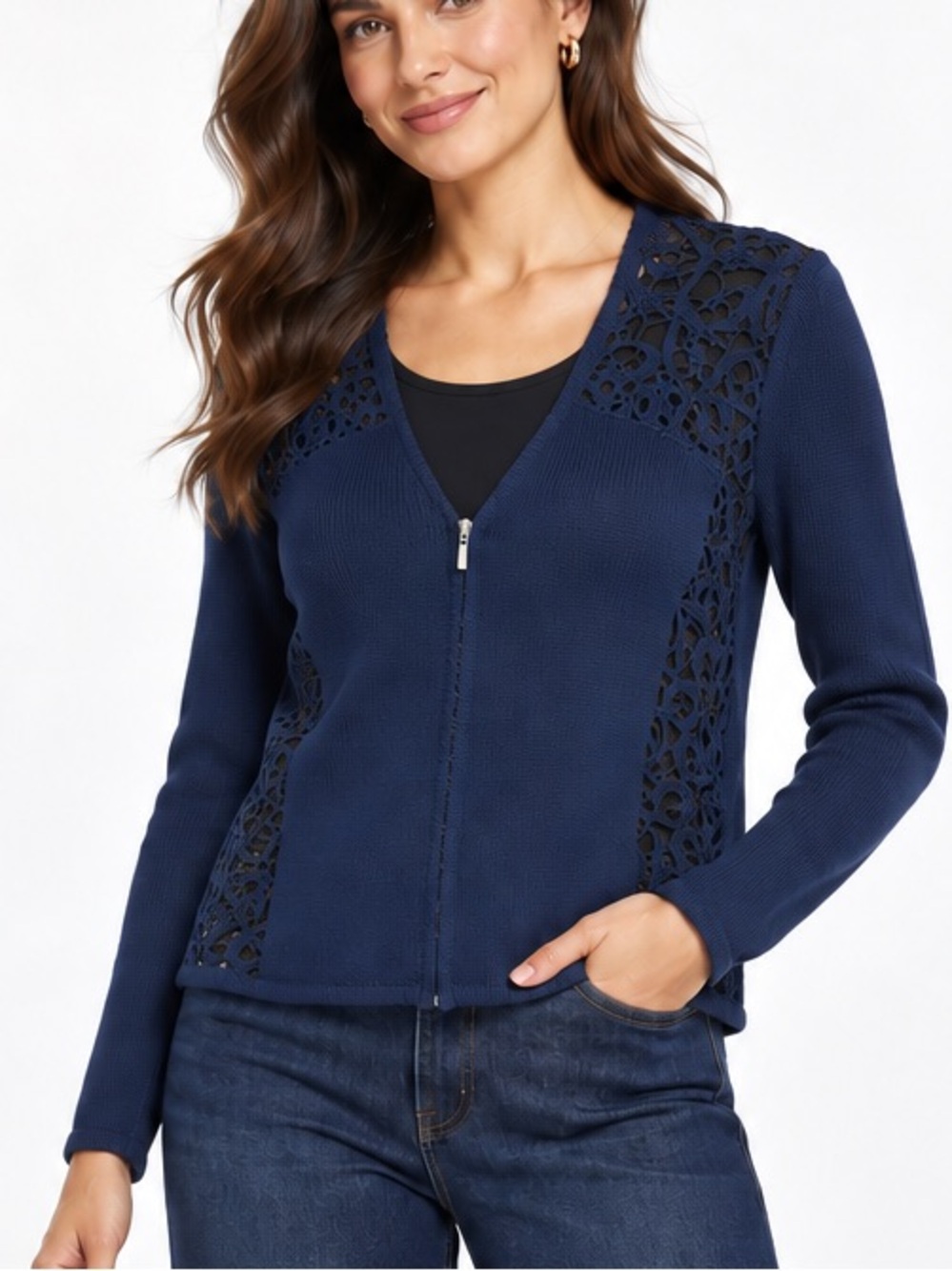 Chico's Long Sleeve Navy Blue Crochet Lace Full Zip Cardigan, Medium